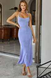 Bring On The Night Cowl Halterneck Front Split Maxi Dress Blue