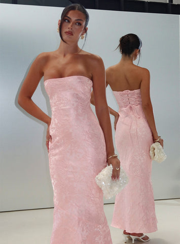Lips Are Sealed Strapless Lace-Up Back Maxi Dress Pink