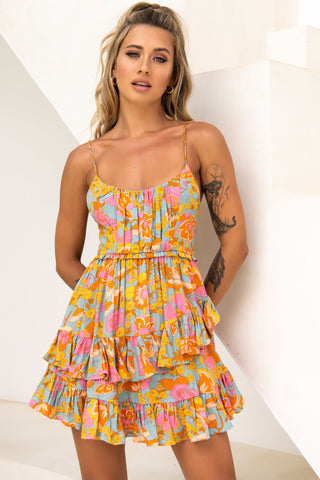 Geordie Ruched Bust Frill Trim Dress Floral Print Aqua Multi