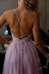 Floating By Pleated Neckline Mesh Midi Dress Blush