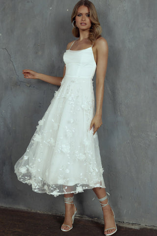 Floating By Pleated Neckline Mesh Midi Dress Embellished White