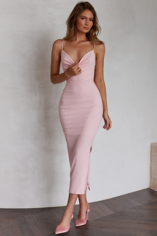 Frieda Cowl Neck Side Split Ribbed Midi Dress Blush