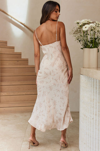 Well Versed Pleated Bust Front Split Dress Spring Print Champagne