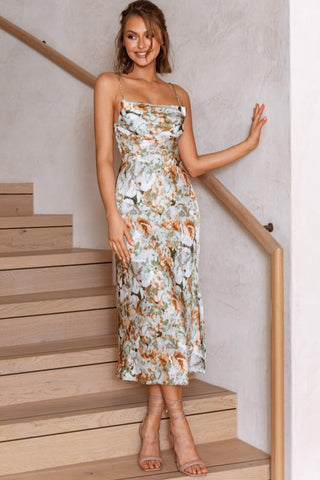 Well Versed Pleated Bust Front Split Dress Floral Abstract Print Sage