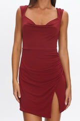 Giavanna Thigh Split Mini Dress Burgundy