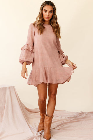 Cate Crew Neckline Balloon Sleeve Frill Dress Rose