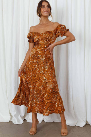 Linka Off-Shoulder Tie Back Midi Dress Marbled Print Mustard