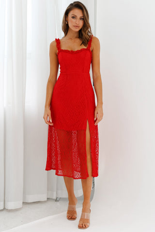 Isadora Mesh Overlay Frill Trim Neckline Midi Dress Red
