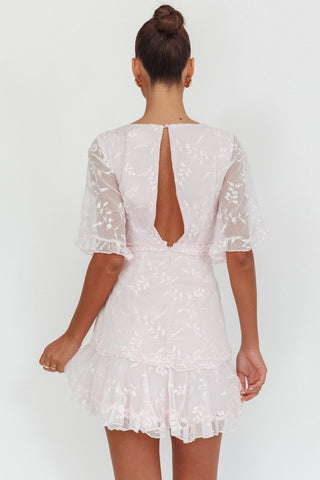 Leona Half Sleeve Frill Trim Dress Embroidered Blush