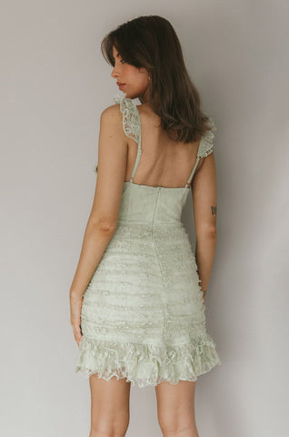 Kaley Ruched Side Layered Frill Hem Lace Mini Dress Sage