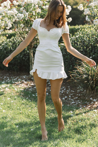 Heaven Sent Ruched Bust Puff Sleeve Dress White