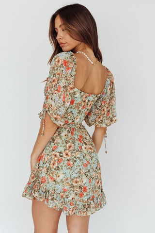 Kirra Puff Sleeve Ruched Bodice Dress Floral Green