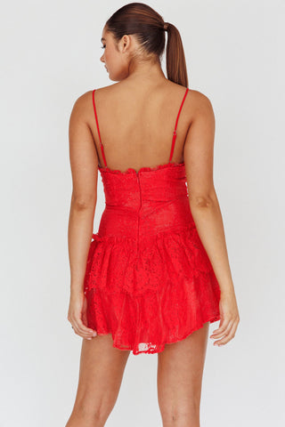 St Tropez Cami Strap Frill Trim Lace Mini Dress Red