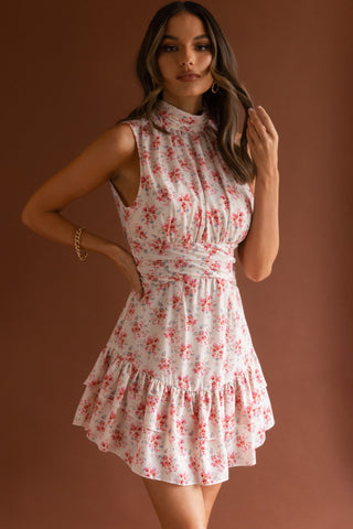 Mandalay High Neck Sleeveless Waistband Dress Vintage Floral Pink