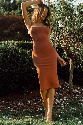 Sheena Square Neckline Side Split Midi Dress Chocolate