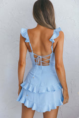 Moonlit Moment Ruffle Trim Piping Detail Lace-Up Back Dress Blue