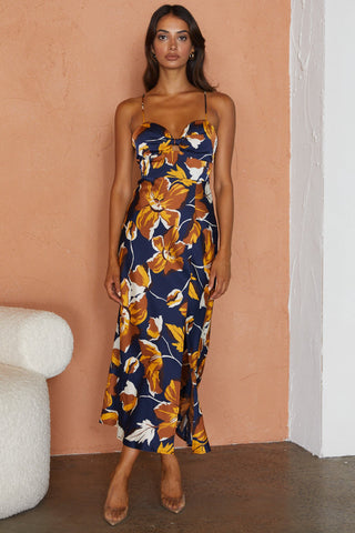 Missoula Cami Strap Padded Bust Midi Dress Floral Print Navy