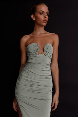 Roma U-Neckline Ruched Midi Dress Pistachio