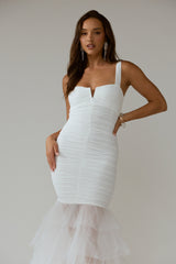 Nadia Tulle Hem Ruched Maxi Dress White