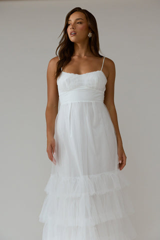 Nerida Twist Back Frill Trim Mesh Maxi Dress White