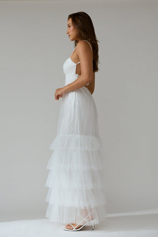 Nerida Twist Back Frill Trim Mesh Maxi Dress White