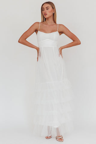 Nerida Twist Back Frill Trim Mesh Maxi Dress White