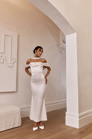 Eclipse Draped Sleeve Midi Dress Beige