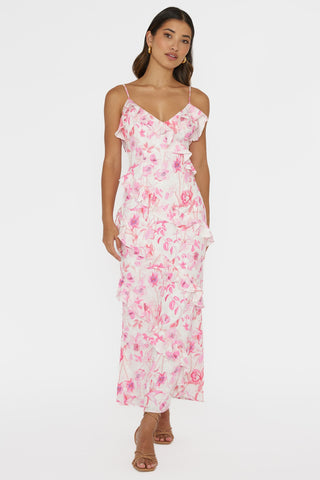 Silvana Frill Trim Midi Dress Floral Pink