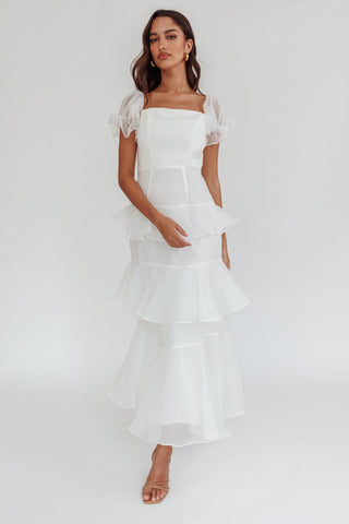 Delwynn Puff Sleeve Layered Midi Dress White