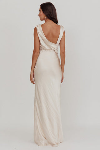 Jinora Cowl Neck Leg Slit Satin Maxi Dress