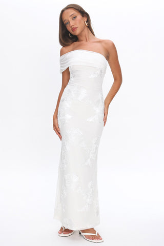 Gala One-Shoulder Maxi Dress Embellished White