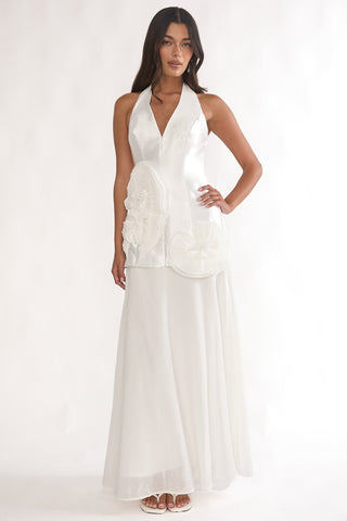 Elyria 3D Ruffle Halter Maxi Dress White