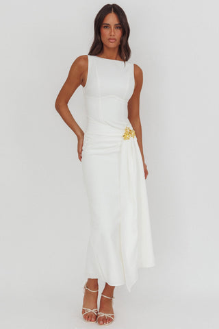 Zimora Gold Buckle Waist Drape Maxi Dress White