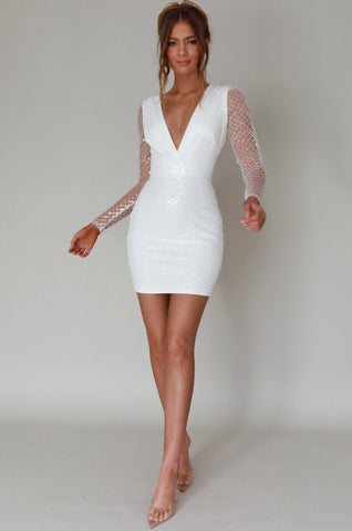 Juno Plunging Neckline Sequin Mini Dress White
