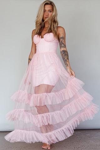Moonlight Sonata Ruffle Mesh Maxi Dress Cameo Pink