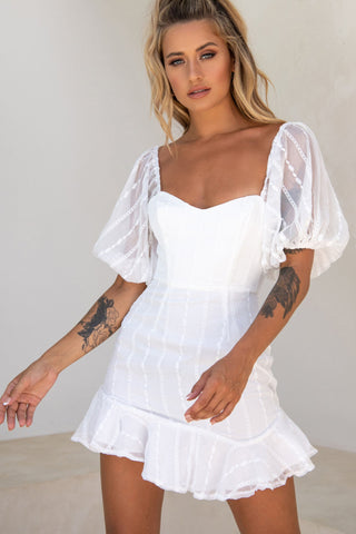 Ring My Bell Sheer Puff Sleeve Embroidery Detail Dress White
