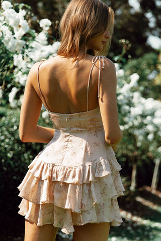 Flower Child Bust Tie Ruffle Trim Dress Floral Spring Print Champagne