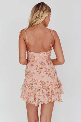 Flower Child Bust Tie Ruffle Trim Dress Roses Blush