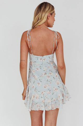 Flower Child Bust Tie Ruffle Trim Dress Rose Print Blue