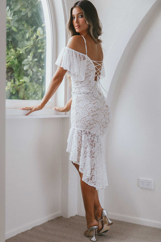 Maribel Hail Spot Sleeve Asymmetrical Hem Lace Midi Dress White