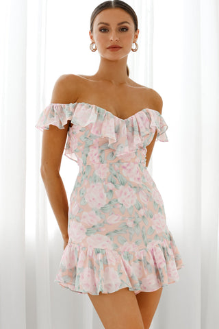 Sweet Melody Sweetheart Neckline Off-Shoulder Dress Floral Print Nude/Pink