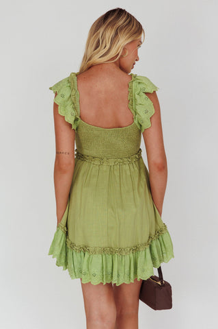 Bay Breeze Frill Shoulder Shirred Bodice Dress Olive
