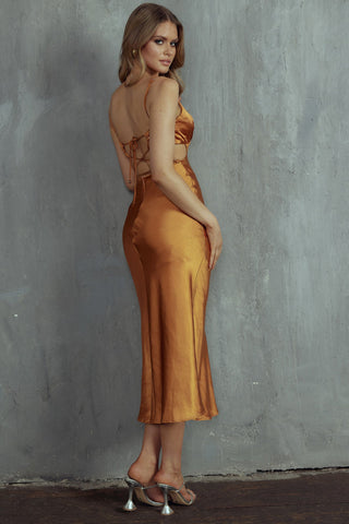 City Lights Cut-Out Waist Strappy Back Midi Dress Bronze