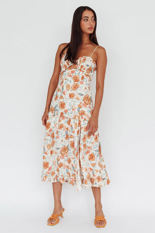 Everglow Shirred Bust Midi Dress Floral Beige