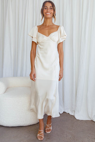 Park Avenue Flutter Sleeve Side Split Midi Dress Ivory