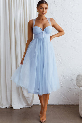 Surreal Lace-Up Back Tulle Midi Dress Blue