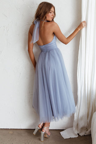 Andria Halterneck Tulle Midi Dress Blue