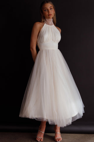 Andria Halterneck Tulle Midi Dress Ivory