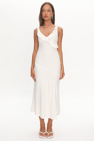 Alba Frill Trim Midi Dress White