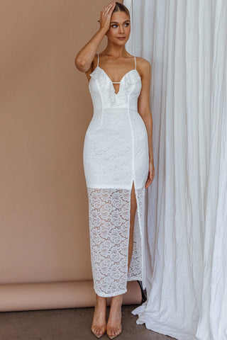 Evaleigh Frill Trim Lace Midi Dress White